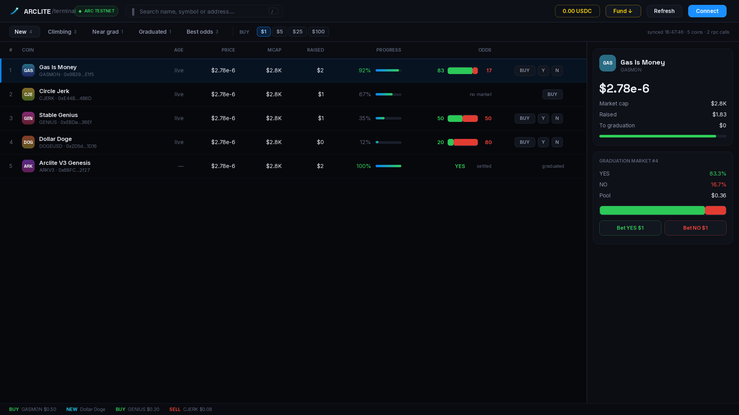 Arclite Terminal — dense coin table with live graduation odds